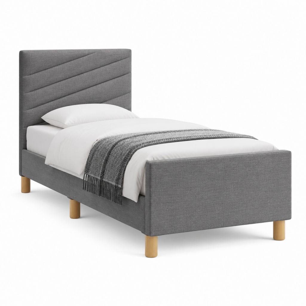 Lit simple 90 x 190 cm gris en polyester avec cadre rectangulaire et tête de lit capitonnée