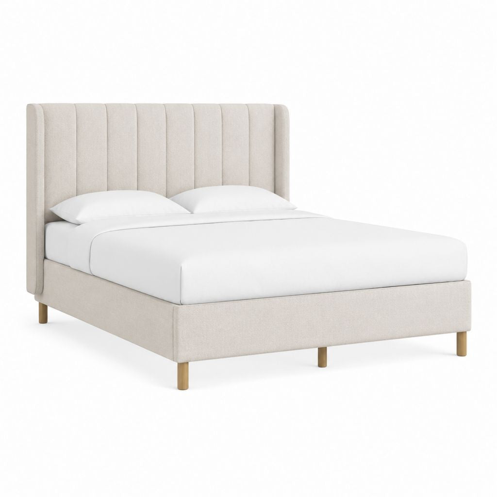 Lit double 160 x 200 cm beige en polyester avec tête de lit capitonnée