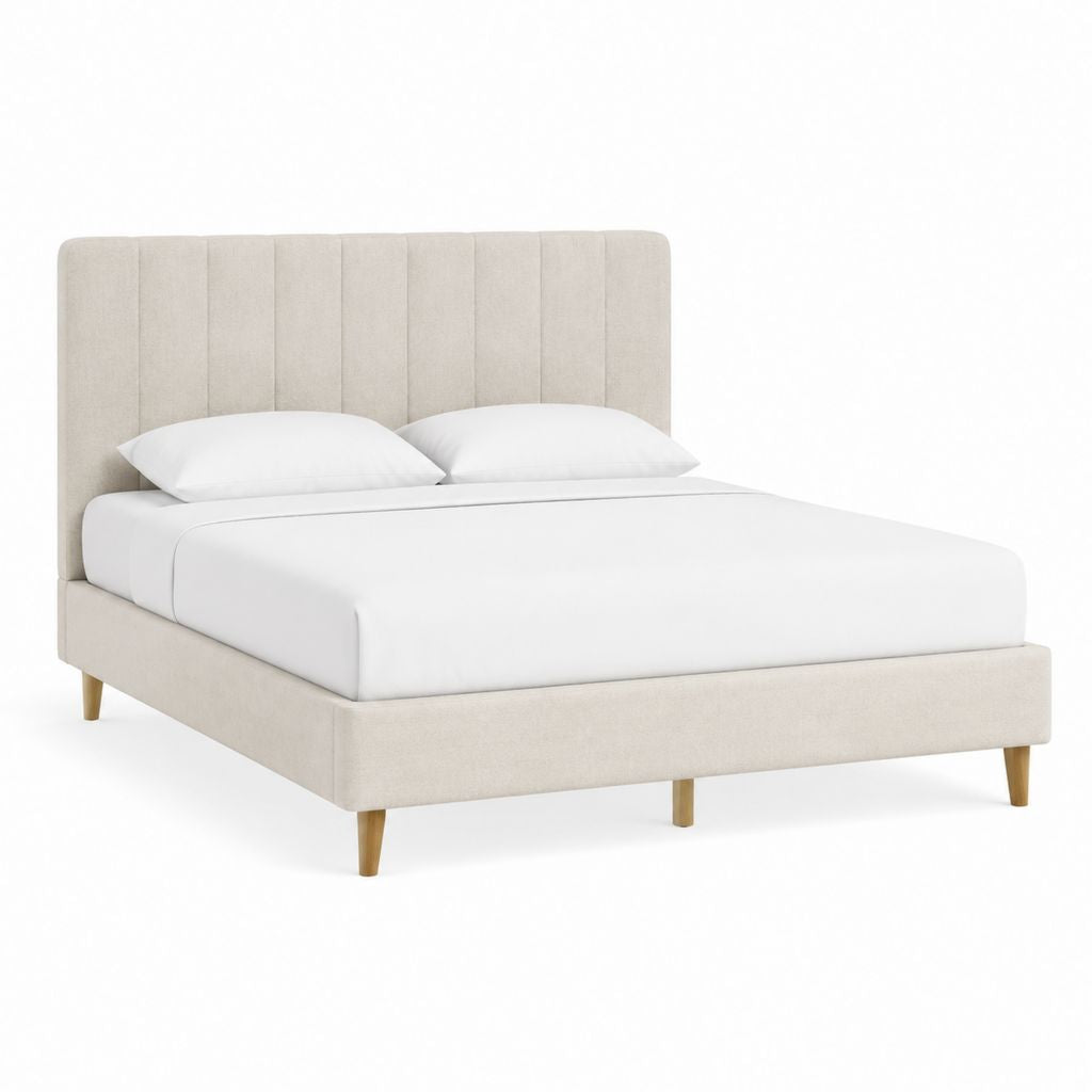 Cadre de lit double beige en polyester avec tête de lit capitonnée 160 x 200 cm