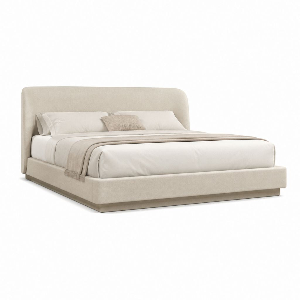 Lit double 180 x 200 cm beige en polyester avec tête de lit capitonnée