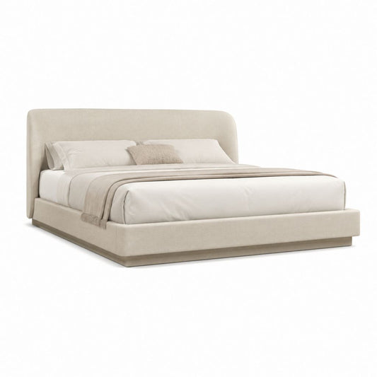 Lit double 180 x 200 cm beige en polyester avec tête de lit capitonnée