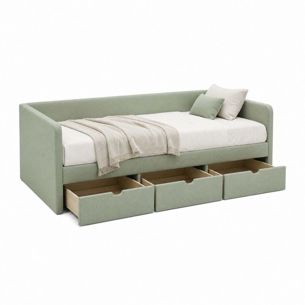 Lit banquette 90 x 200 cm vert en polyester avec 3 tiroirs