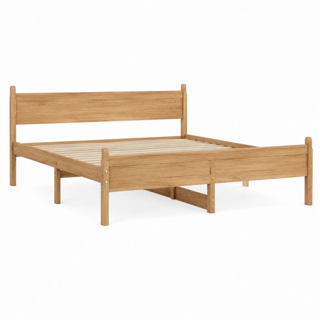 Lit double en chêne massif naturel avec sommier à lattes 140 x 190 cm