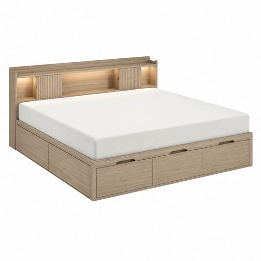 Lit avec rangement chêne clair en panneaux MDF 160 x 200 cm avec tête de lit éclairée