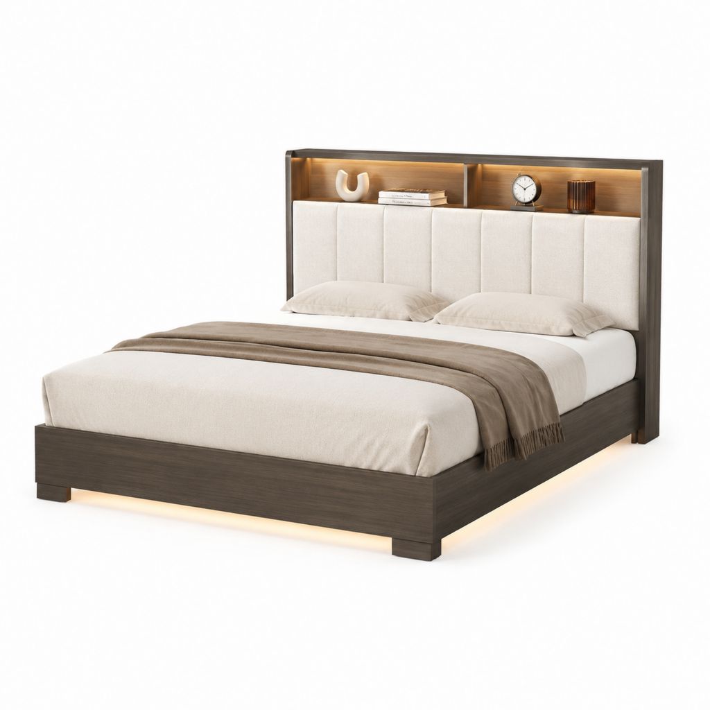 Lit double avec cadre de lit marron foncé tête de lit rembourrée en polyester et éclairage LED 160 x 200 cm