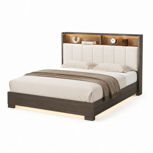 Lit double avec cadre de lit marron foncé tête de lit rembourrée en polyester et éclairage LED 160 x 200 cm