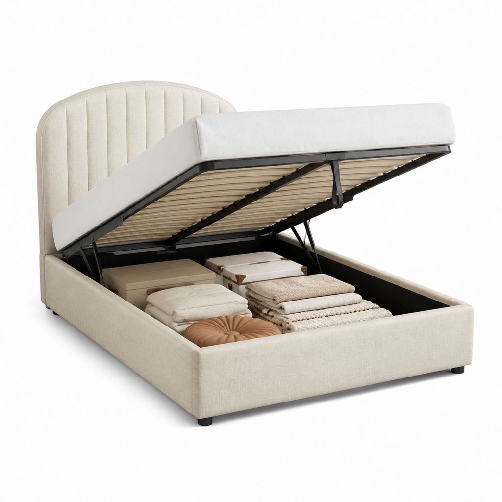 Lit coffre 160 x 200 cm beige en polyester avec sommier relevable et tête de lit capitonnée