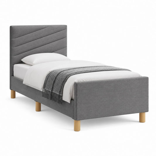 Lit simple 90 x 190 cm gris en polyester avec cadre rectangulaire et tête de lit capitonnée