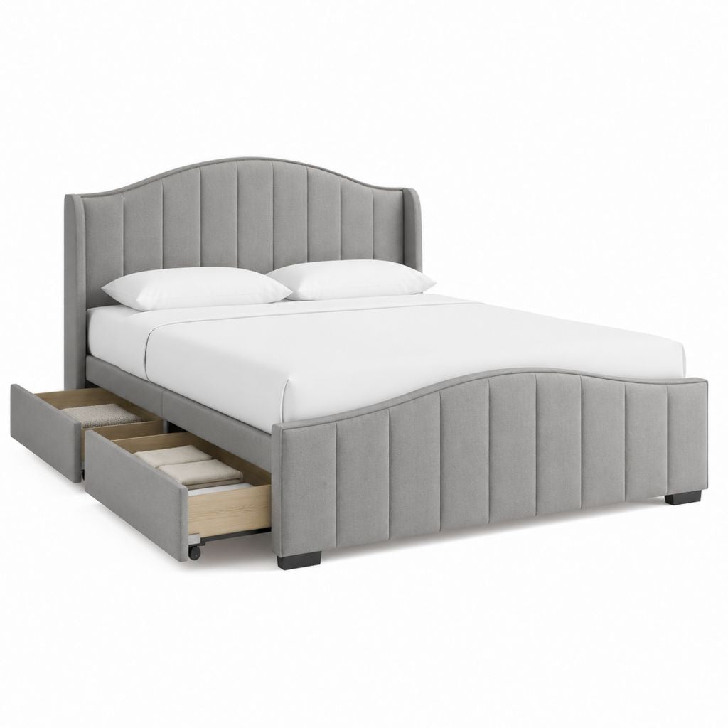 Lit coffre 160 x 200 cm gris en polyester avec tête de lit rembourrée et 2 tiroirs