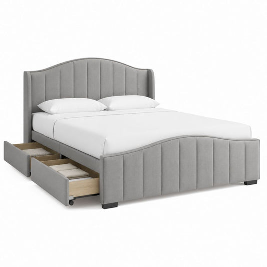 Lit coffre 160 x 200 cm gris en polyester avec tête de lit rembourrée et 2 tiroirs