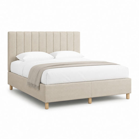 Lit double avec cadre beige en polyester et tête de lit capitonnée 160 x 200 cm