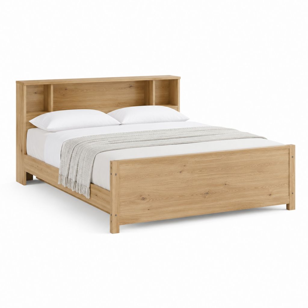 Cadre de lit double en chêne massif naturel avec tête de lit rangement 160 x 200 cm