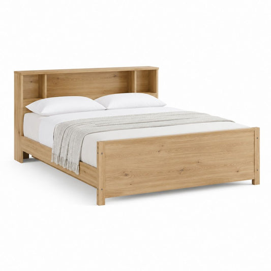 Cadre de lit double en chêne massif naturel avec tête de lit rangement 160 x 200 cm