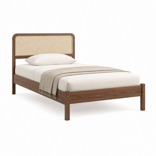 Lit simple 90 x 190 cm brun en MDF plaqué noyer avec tête de lit en cannage de rotin