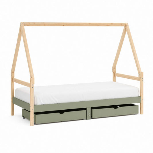 Lit cabane enfant avec 2 tiroirs vert sauge pin massif MDF 90 x 200 cm