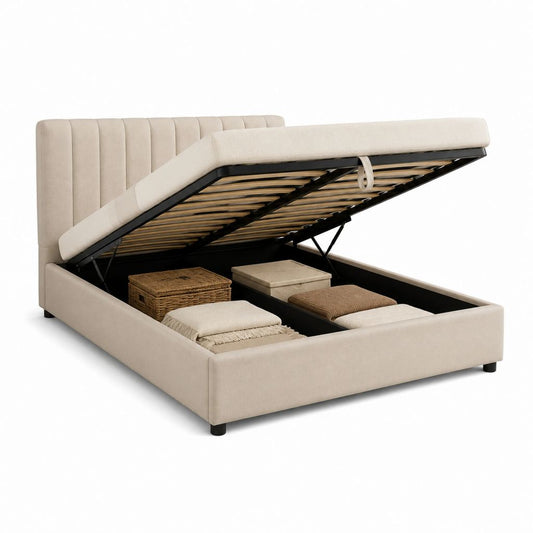 Lit coffre 160 x 200 cm beige en polyester avec tête de lit capitonnée et sommier relevable