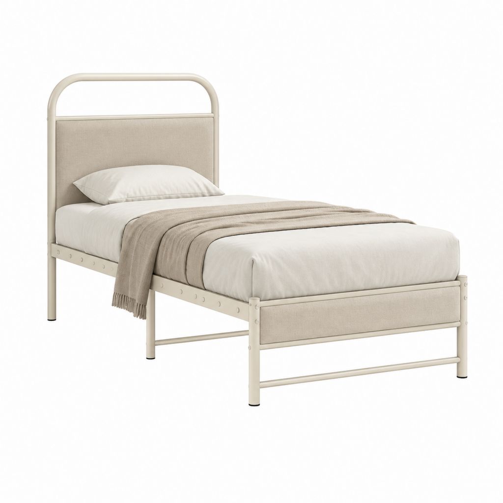 Lit simple cadre de lit beige en acier et polyester 90 x 190 cm