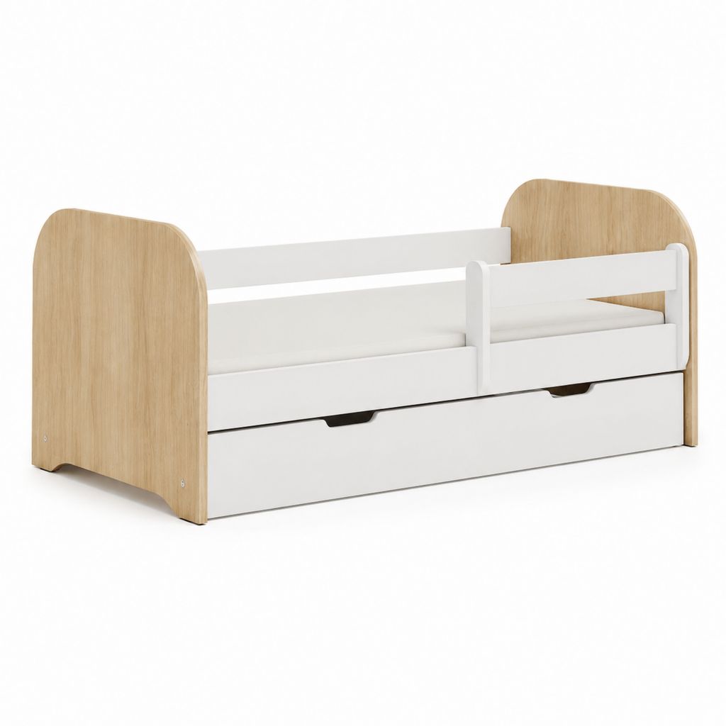 Lit enfant rectangulaire avec barrière et tiroir blanc effet chêne en panneaux MDF 143 x 75 x 70 cm