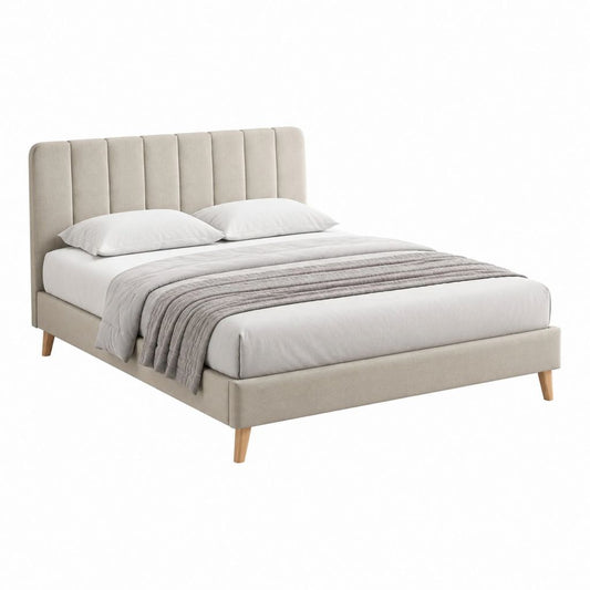 Lit double capitonné beige en polyester avec sommier 160 x 200 cm