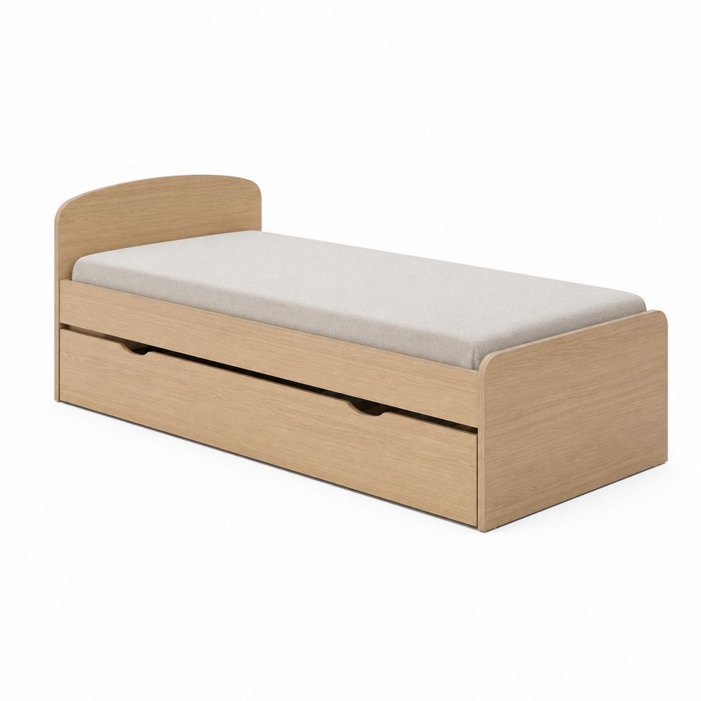 Lit simple 90 x 190 cm avec tiroir de rangement chêne clair en panneaux de particules