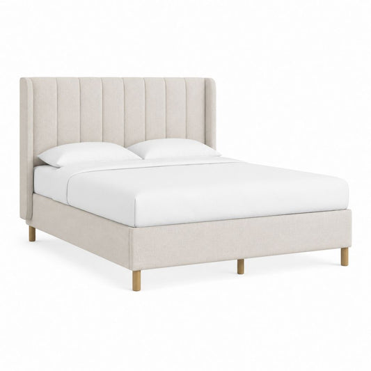 Lit double 160 x 200 cm beige en polyester avec tête de lit capitonnée