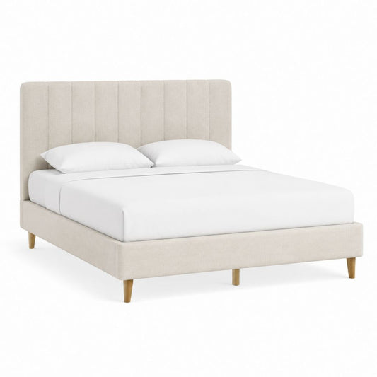 Cadre de lit double beige en polyester avec tête de lit capitonnée 160 x 200 cm