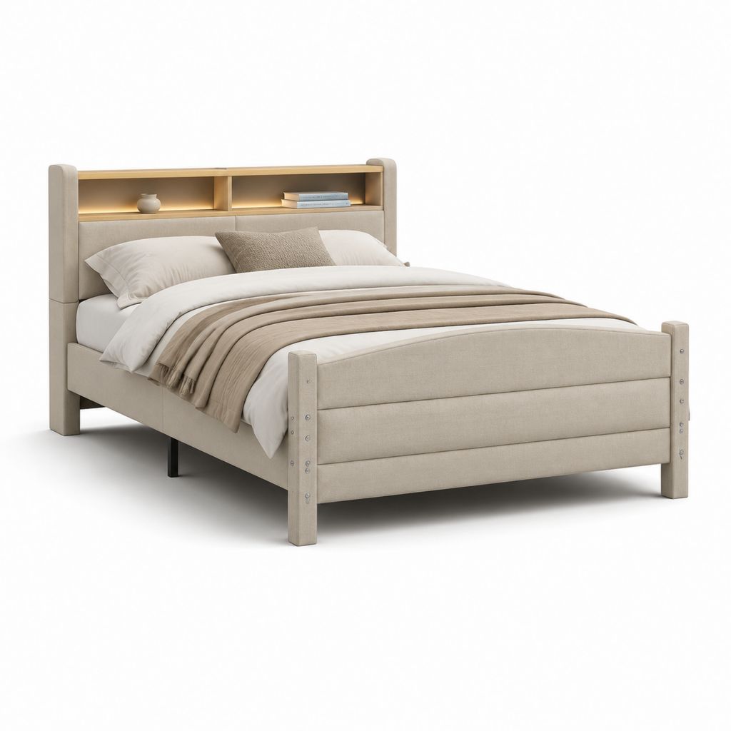 Lit double 160 x 200 cm beige en polyester avec cadre MDF et tête de lit à étagères 215 x 166 x 120 cm