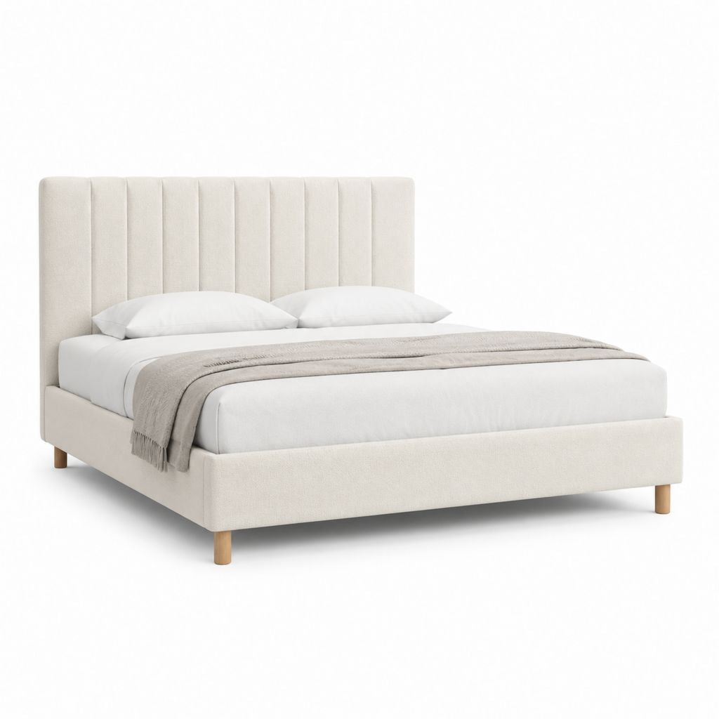 Lit double 160 x 200 cm beige en polyester avec tête de lit rectangulaire