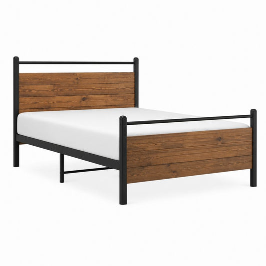 Cadre de lit double 140 x 190 cm marron et noir en pin massif et acier