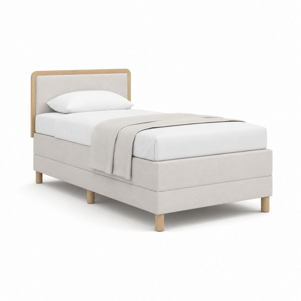 Lit simple capitonné beige et chêne 90 x 200 cm
