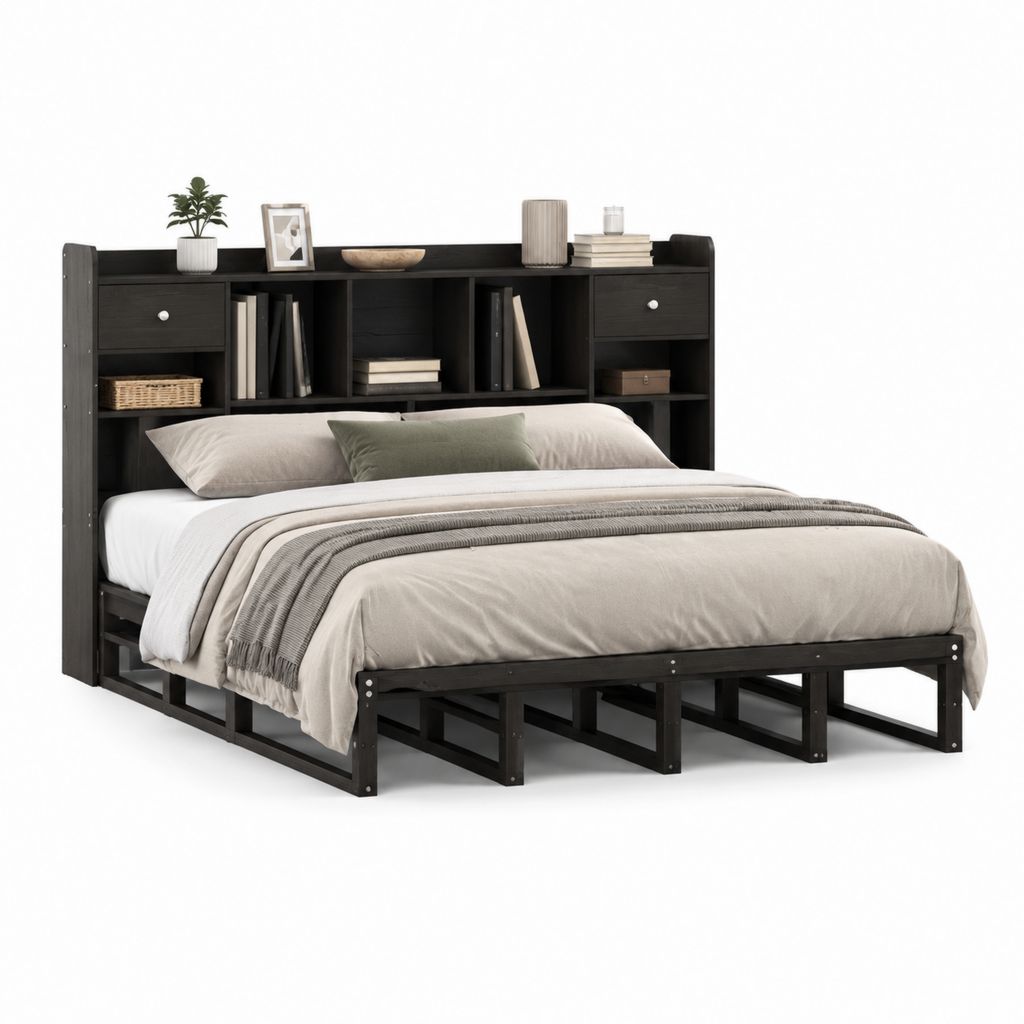 Lit double 160 x 200 cm noir en panneaux MDF avec tête de lit rangement intégré