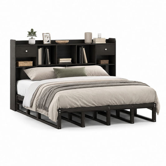Lit double 160 x 200 cm noir en panneaux MDF avec tête de lit rangement intégré